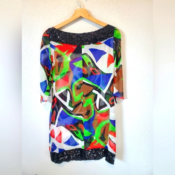 💚5/$25 Caché 100% Silk & Sequin vibrant Abstract Print Sheer Mini Dress XS - Picture 2 of 7